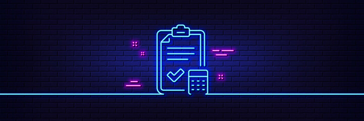 Neon light glow effect. Accounting checklist line icon. Calculator sign. Calculate finance symbol. 3d line neon glow icon. Brick wall banner. Accounting checklist outline. Vector © blankstock