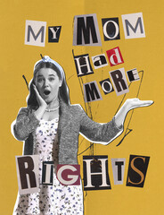 Contemporary art collage. Young beautiful woman talking about women's rights. Equality of gender