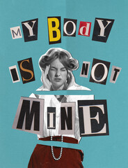 Contemporary art collage. Young woman holding head in shock and irritation. Body is woman's own...