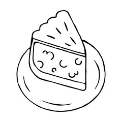 Pie slice doodle isolated on white background. Hand drawn charlotte. Vector illustration. Tart ink sketch. Simple childish outline style. Food dessert baking icon for menu, packaging, graphic design