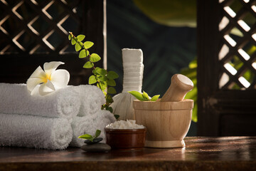 close up view of spa theme objects on color back