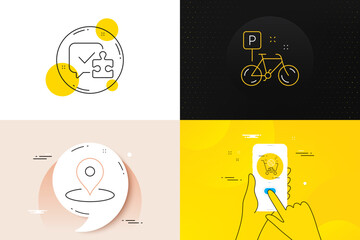Minimal set of Bike, Puzzle and Pin line icons. Phone screen, Quote banners. Shopping cart icons. For web development. Mountain bicycle, Jigsaw game, Map point. Discount. Bike line icon. Vector