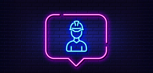 Neon light speech bubble. Foreman line icon. Engineer or architect sign. Construction helmet symbol. Neon light background. Foreman glow line. Brick wall banner. Vector