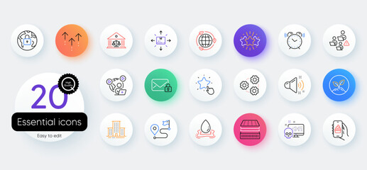 Simple set of Journey, Swipe up and Loud sound line icons. Include Alarm clock, Water splash, Eco energy icons. Teamwork, Court building, Star web elements. Video conference. Vector