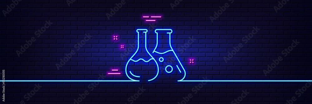 Wall mural neon light glow effect. chemistry lab line icon. laboratory flask sign. analysis symbol. 3d line neo