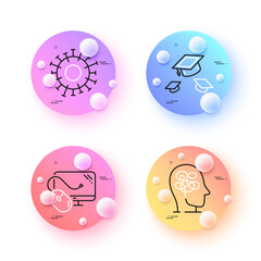 Stress, Coronavirus and Computer mouse minimal line icons. 3d spheres or balls buttons. Throw hats icons. For web, application, printing. Mind anxiety, Infection, Pc component. Vector