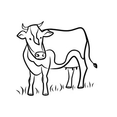Cow hand draw vector illustration on the grass