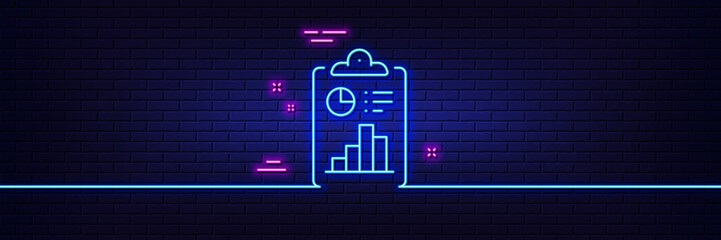 Neon light glow effect. Report line icon. Accounting clipboard document sign. Budget info symbol. 3d line neon glow icon. Brick wall banner. Report outline. Vector