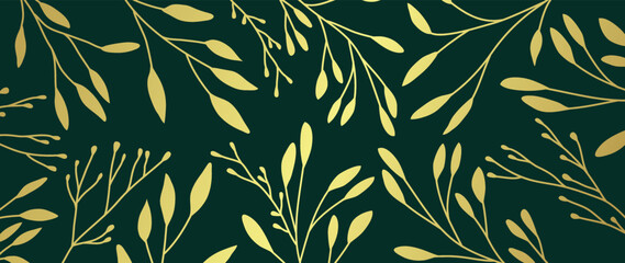 Luxury gold foliage on green background vector. Botanical wallpaper with leaf branches, leaves, berry, flowers, tree branch. Elegant natural illustration design for cover, banner, prints, invitation.