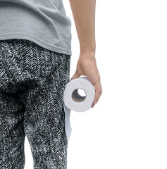male hand holding a roll of toilet paper on a white background