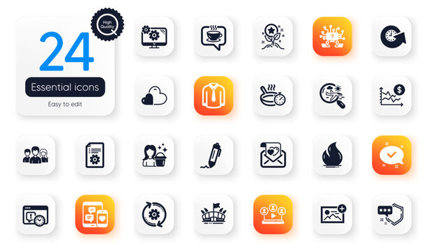 Set of Business flat icons. Settings, Shield and Shirt elements for web application. Add photo, Care, Signature icons. Update time, Cleaning, Technical documentation elements. Frying pan. Vector