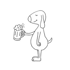 Funny dog with a mug of beer. Alcoholic dog. Alcoholic drink. Drunkenness. Doodle. Drawn by hand. Sketch. Silhouette. Black and white. Contour. Coloring.