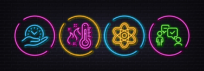 Chemistry atom, Safe time and High thermometer minimal line icons. Neon laser 3d lights. Consulting business icons. For web, application, printing. Vector