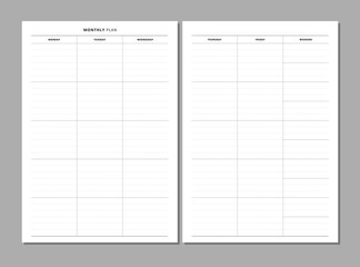 Undated monthly planner inserts. Minimalist lined planner page. Month on 2 pages. Personal organizer printable sheet layout for your A5 planner, calendar, diary. Vector.