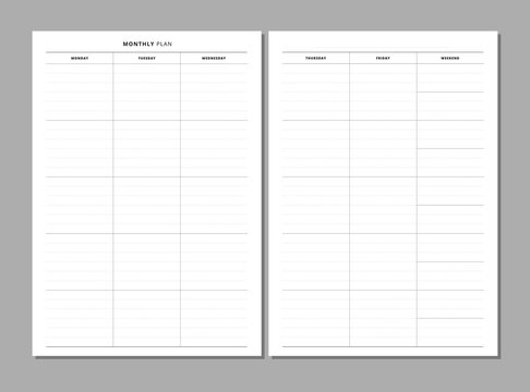 Undated monthly planner inserts. Minimalist lined planner page. Month on 2 pages. Personal organizer printable sheet layout for your A5 planner, calendar, diary. Vector.