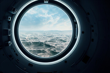 Porthole, look on the sea. Boat porthole. ship porthole or window with sea and horizon.
Sea life. Sailors. Sailing.