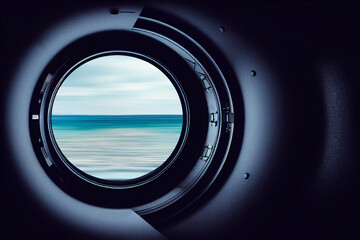 Porthole, look on the sea. Boat porthole. ship porthole or window with sea and horizon.
Sea life. Sailors. Sailing.
