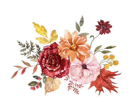 Autumn arrangement with watercolor flowers and leaves. Waterclor botanical painting.