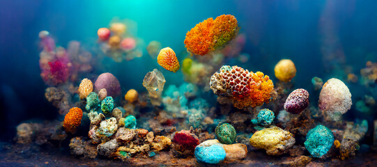 Fototapeta na wymiar Aquarium background with stone and colored coral, 3d illustration