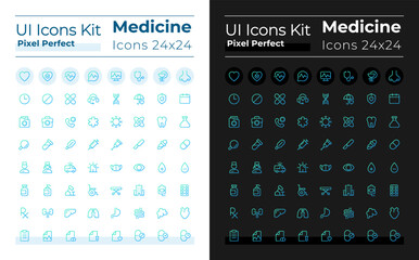 Medicine pixel perfect gradient linear ui icons set for dark, light mode. Medical treatment. Line contour user interface symbols. Modern style pictograms. Vector isolated outline illustrations
