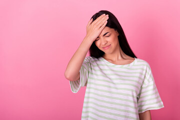 Photo of frustrated lady make mistake forget about boyfriend birthday anniversary isolated pastel color background