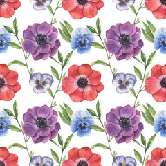 Beautiful seamless floral pattern with hand-drawn watercolor multicoloredanemone and violet flowers. Warehouse illustration.