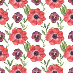 Beautiful seamless floral pattern with hand drawn watercolor tender red anemone flowers and violets. Warehouse illustration.