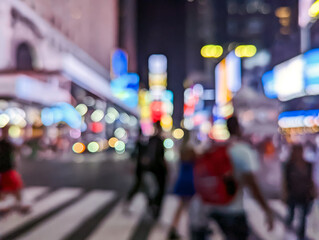 Crowds of people walking through a busy intersection in New York CIty with the night lights of Times Square in the background with blur focus