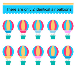 Puzzle game for children. Task for development of attention and logic. Need to find two identical air balloons. Vector.