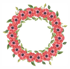 Beautiful watercolor wreath illustration with hand drawn watercolor delicate anemone  flowers