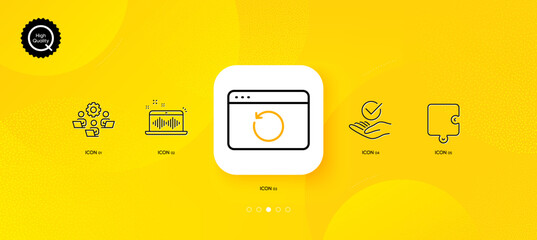 Fototapeta na wymiar Music making, Puzzle and Teamwork minimal line icons. Yellow abstract background. Approved, Recovery internet icons. For web, application, printing. Dj app, Puzzle piece, Remote work. Vector