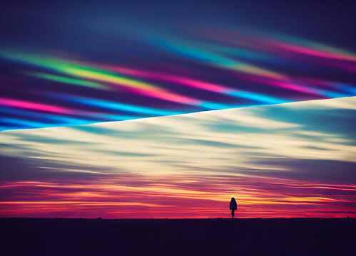 Silhouette of a woman walking on the horizon, with stylized sunset rainbow