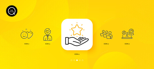 Teamwork, Smile and Vacancy minimal line icons. Yellow abstract background. Loyalty program, Video conference icons. For web, application, printing. Vector