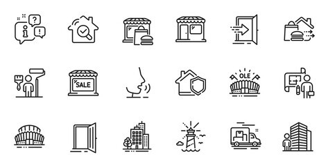 Outline set of Sports arena, Sports stadium and Buildings line icons for web application. Talk, information, delivery truck outline icon. Include Food market, Market sale, Lighthouse icons. Vector