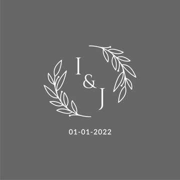 Initial letter IJ monogram wedding logo with creative leaves decoration