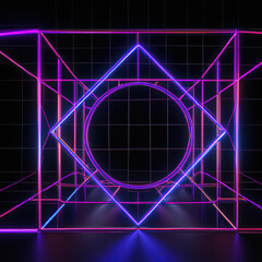 3d abstract neon background, geometric background with polygonal structure, cyber space virtual reality, Podium show products, place for product, colored neon lights, retro sci-fi style - obrazy, fototapety, plakaty