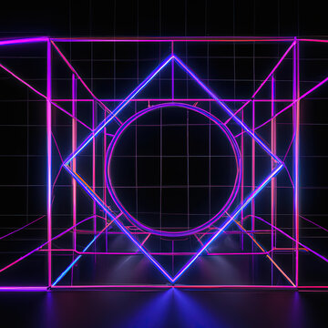 Fototapeta 3d abstract neon background, geometric background with polygonal structure, cyber space virtual reality, Podium show products, place for product, colored neon lights, retro sci-fi style