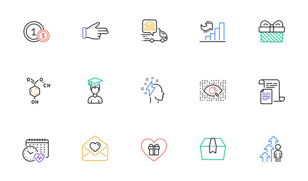 Student, Brainstorming and Love letter line icons for website, printing. Collection of Gift, Click hand, Package box icons. Growth chart, Artificial intelligence, Documents web elements. Vector