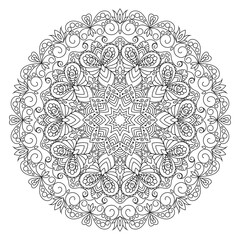 Zentangle inspired zen doodle illustration with tribal boho chic ornaments. Mandala background. Oriental ornamental illustration.