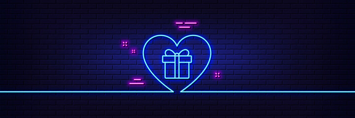 Neon light glow effect. Love Gift box line icon. Present or Sale sign. Birthday Shopping symbol. Package in Gift Wrap. 3d line neon glow icon. Brick wall banner. Romantic gift outline. Vector