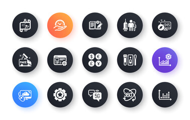 Minimal set of Engineering documentation, Fake news and 5g internet flat icons for web development. Settings gear, Money currency, Safe time icons. Coronavirus statistics. Vector