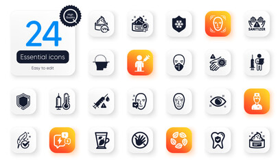 Set of Healthcare flat icons. Face accepted, Doctor and Clean hands elements for web application. Cream, Dental insurance, Mint leaves icons. Hypoallergenic tested, Stress. Vector