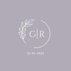 Initial monogram GR wedding logo with decorative floral frame - obrazy, fototapety, plakaty