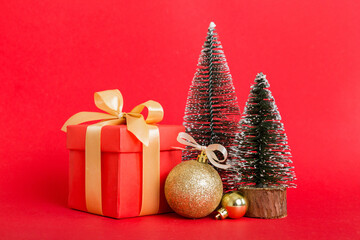 Christmas composition. craft Gift box, small tree, branches and craft DIY decorations on white background. New year concept. Christmas home decoration Flat lay, top view, copy space