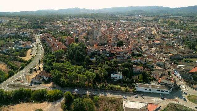 City of Llagostera in the province of Girona Spain, aerial images of the cathedral panoramic view in the Costa Brava