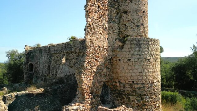 European medieval ruined castles flight around panoramic view aerial footage Castell de Sant Iscle