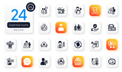 Set of People flat icons. Medical vaccination, Employees group and Engineer elements for web application. Search employee, Face id, House protection icons. Yummy smile, Security. Vector