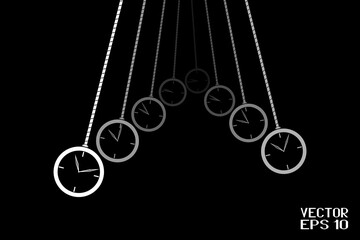 Fototapeta na wymiar Swinging Black and White Pendulum with Clock. Isolated Single Object. Hypnosis Tool in Perspective. Vector. 3D Illustration
