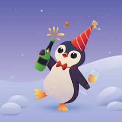 Penguin in a festive cap with champagne and a glass. Postcard for New Year and Christmas. vector illustration.