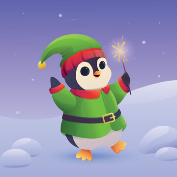 Penguin dressed as a New Year s elf with sparkler. card for new year and christmas. vector illustration.